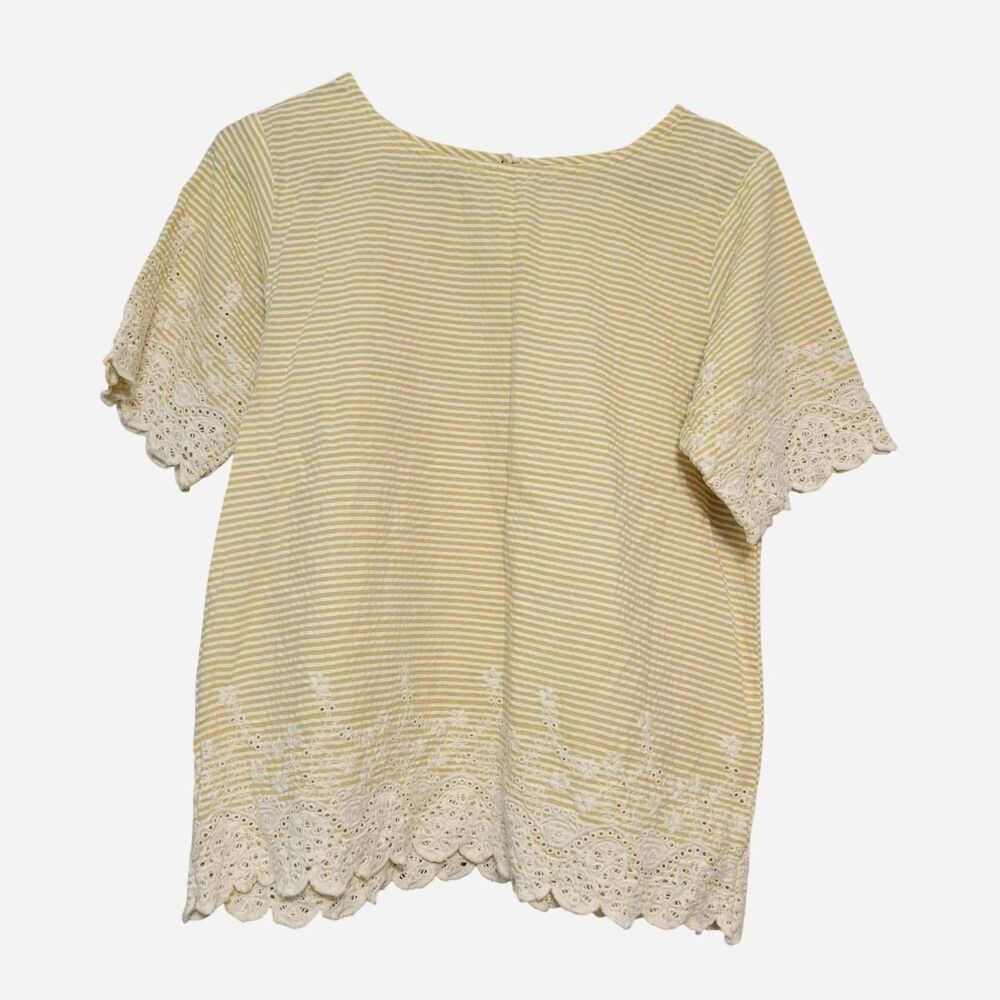 World Market Cotton seersucker yellow Striped Eyelet Lace Blouse Cottage Coastal